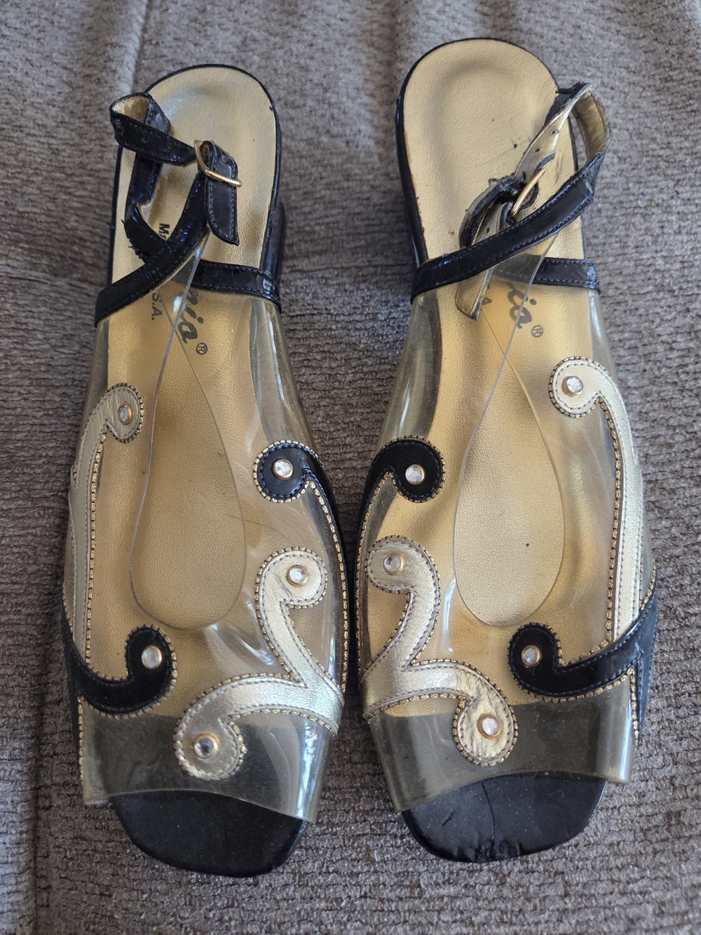 Vintage De Liso Clear Vinyl Gold & Black Slingback Heels Size 6